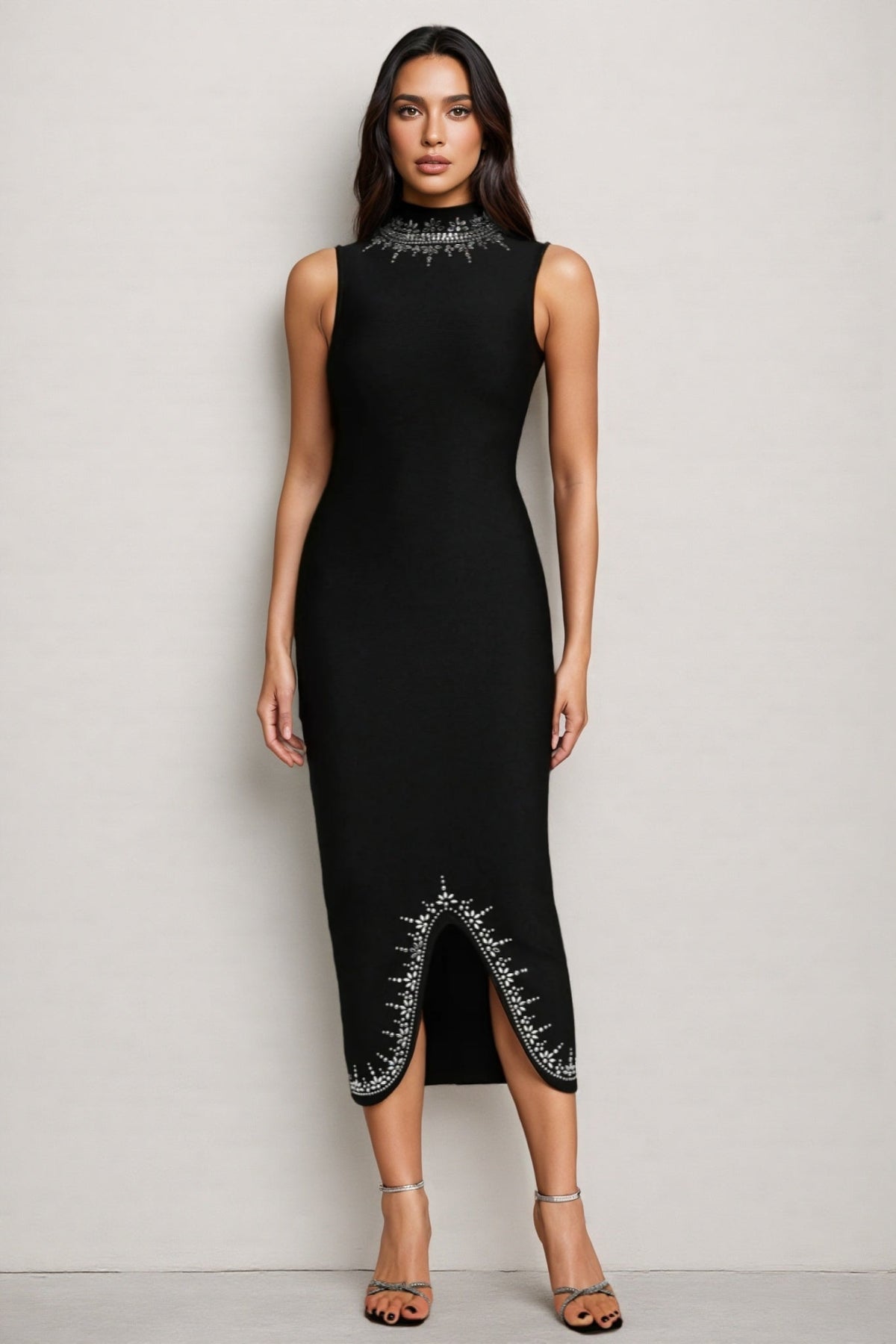 Rhinestone Sunburst Mock Neck Sleeveless Front Slit Bandage Midi Dress