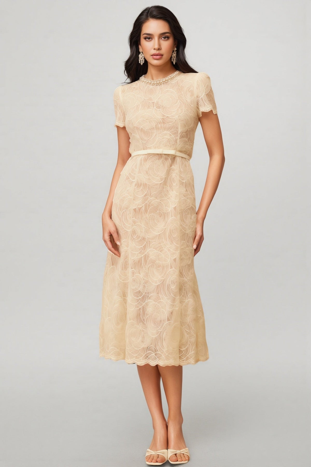 Lace Crew Neck Short Sleeve Pearl Trim A-Line Midi Dress
