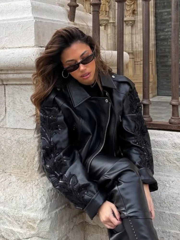 Sequins Shiny Belted Leather Coat