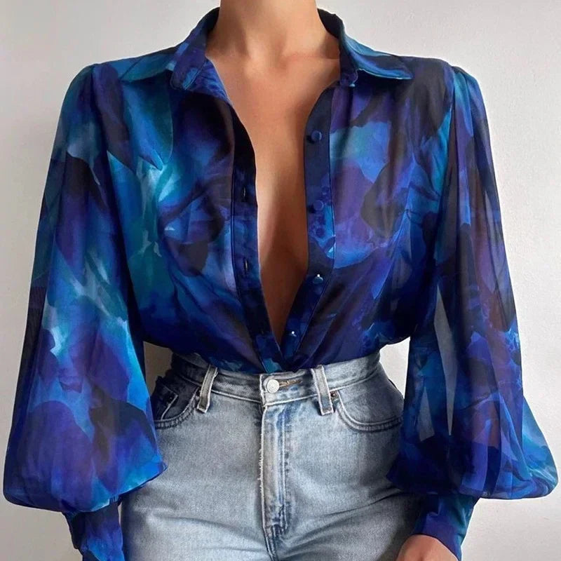 Printed Lantern Sleeve Vintage Floral Button Long Sleeve Blouse