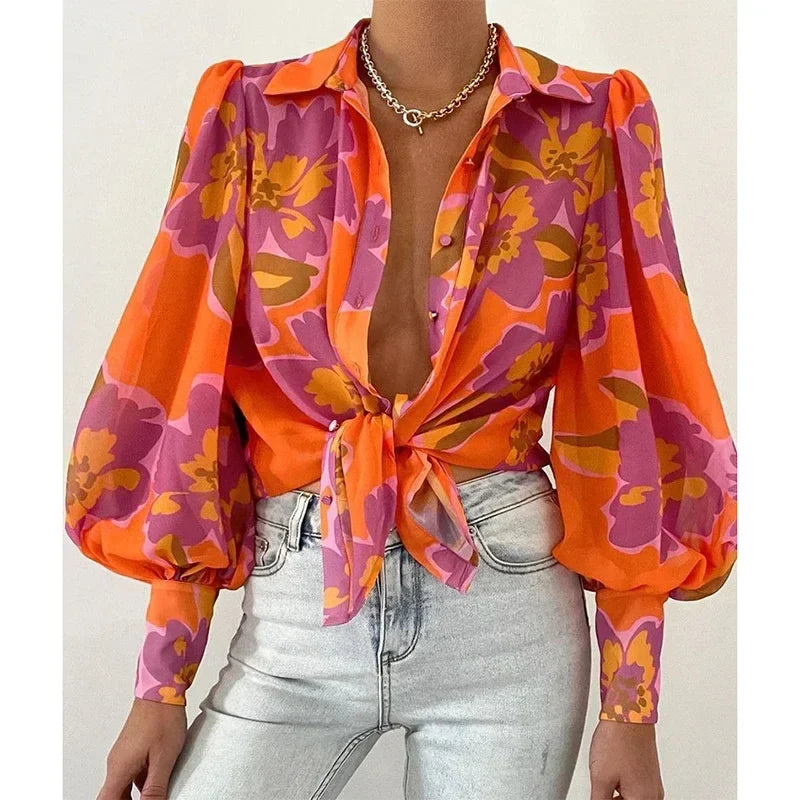 Printed Lantern Sleeve Vintage Floral Button Long Sleeve Blouse