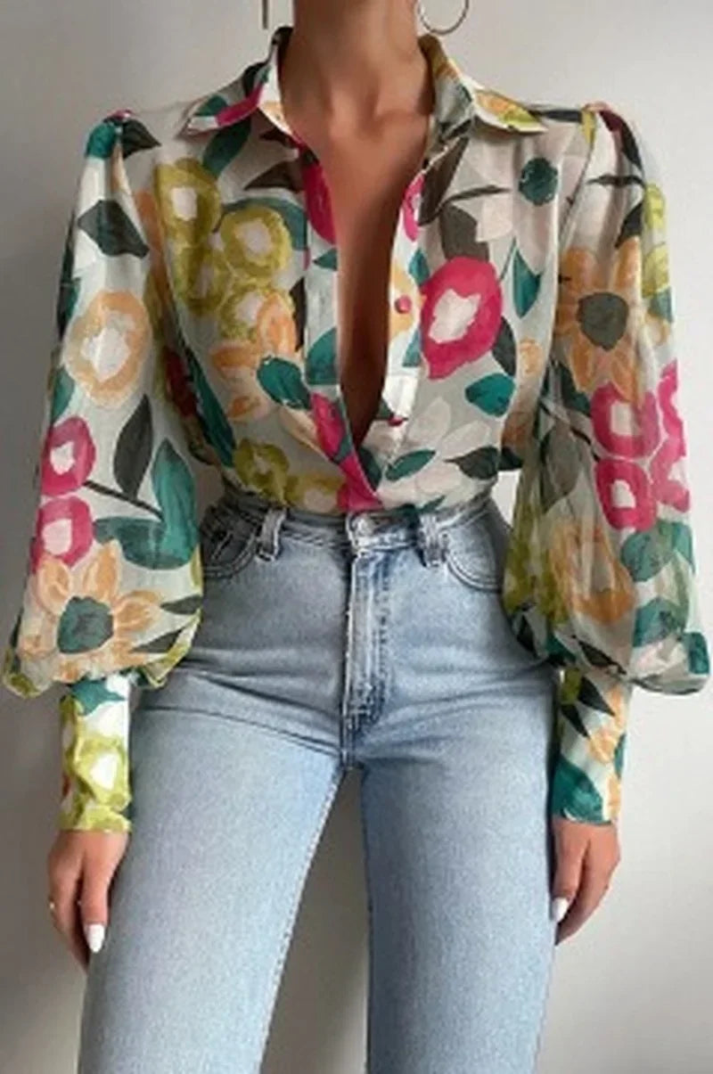 Printed Lantern Sleeve Vintage Floral Button Long Sleeve Blouse