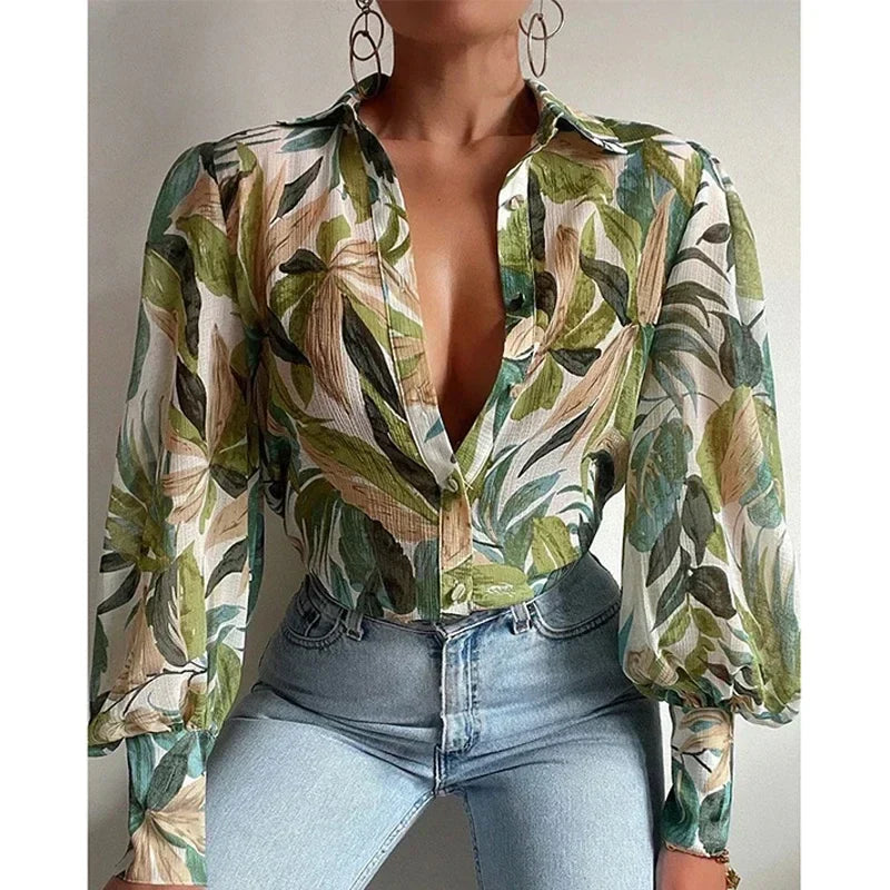 Printed Lantern Sleeve Vintage Floral Button Long Sleeve Blouse