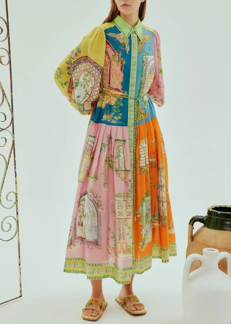 Architectural Patchwork Print Puff Sleeve Midi Shirt Dress