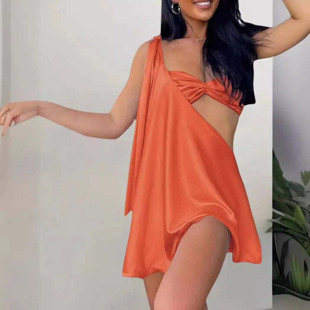 Diagonal Shoulder Mesh Mini Dress