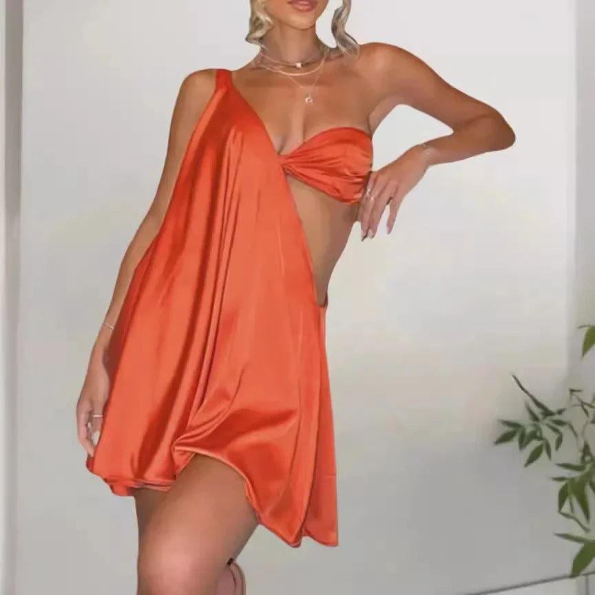 Diagonal Shoulder Mesh Mini Dress