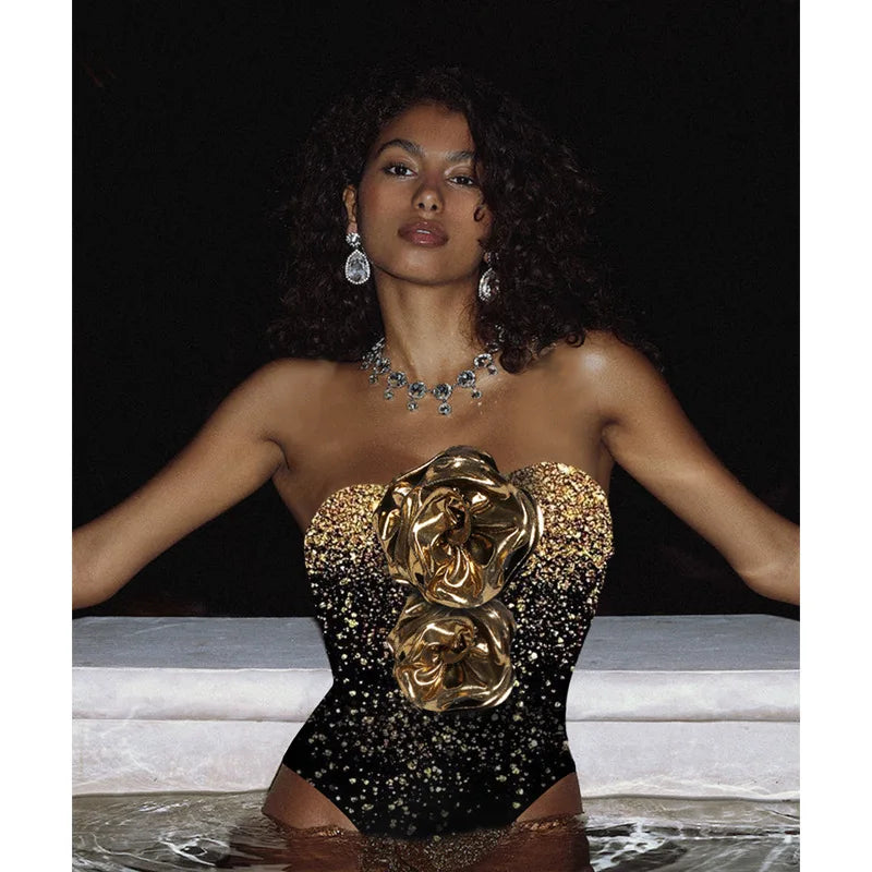 3D Flower Gold One Piece Swimsuit