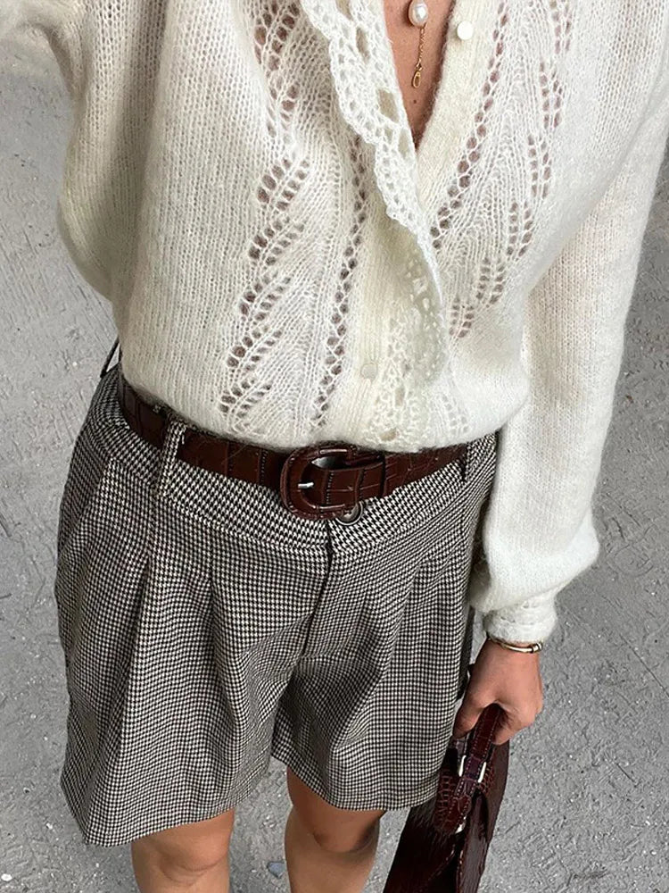 White Lace Lapel Cardigan