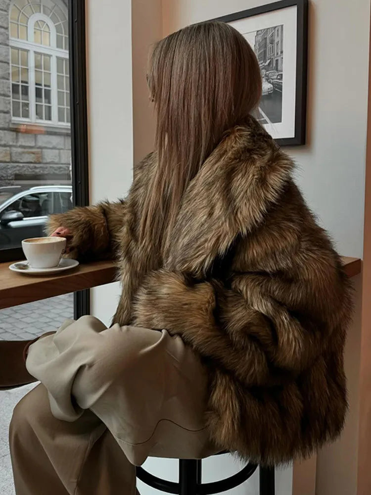 Brown Oversized Plush Furry Lapel Coat