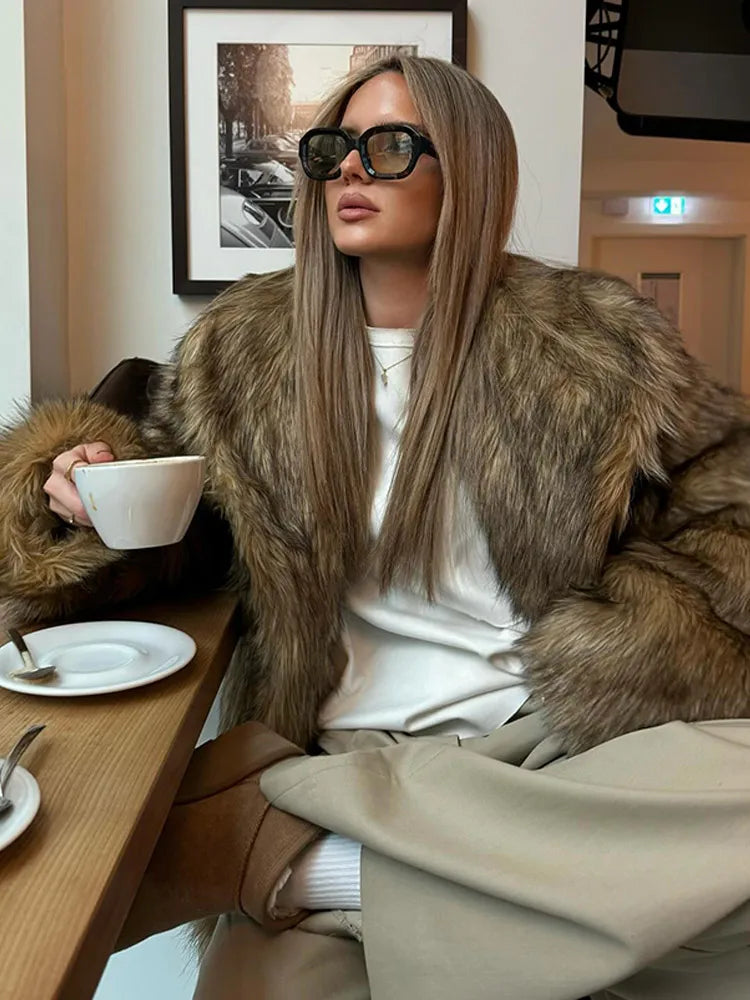 Brown Oversized Plush Furry Lapel Coat