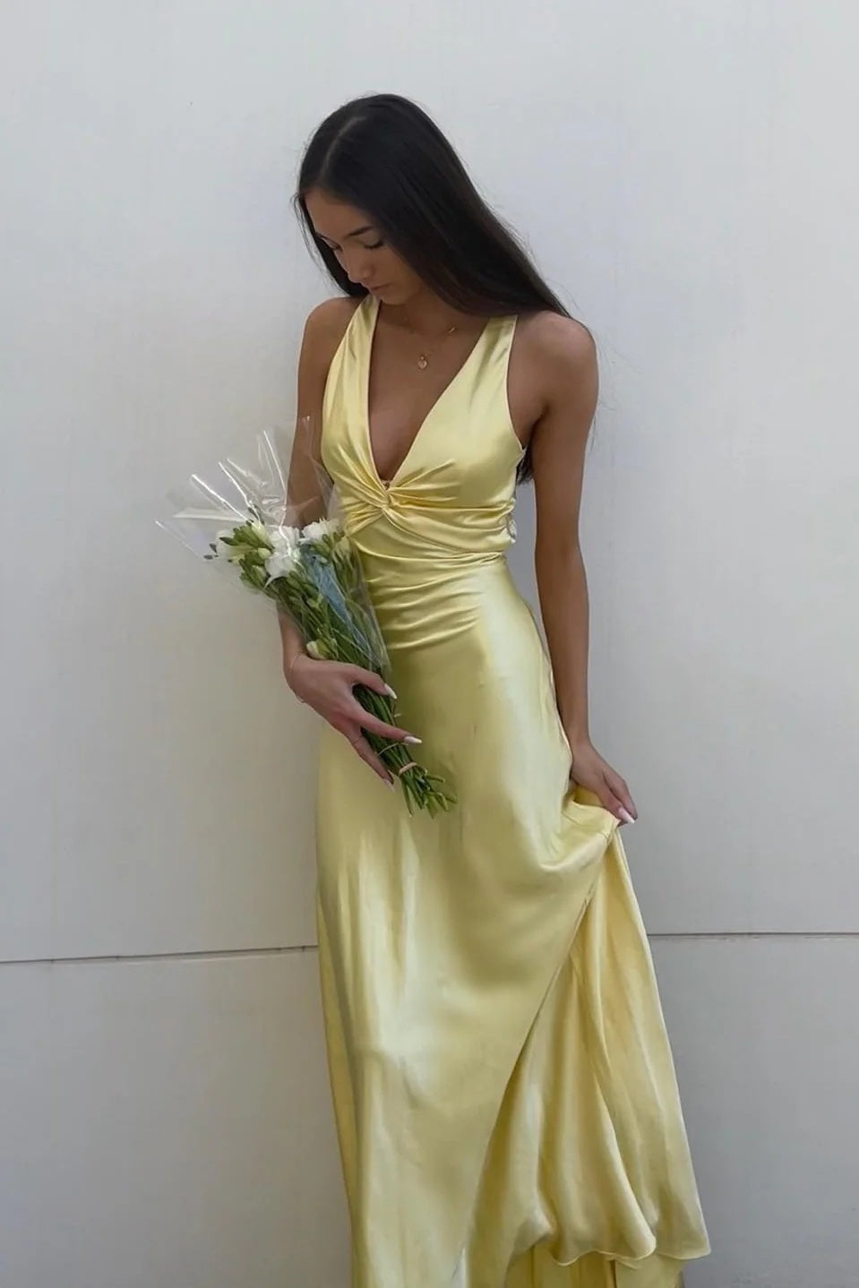 Chic Sheath Halter Neck Yellow Long Party Dress with Backless Bowknot - Fashionpara