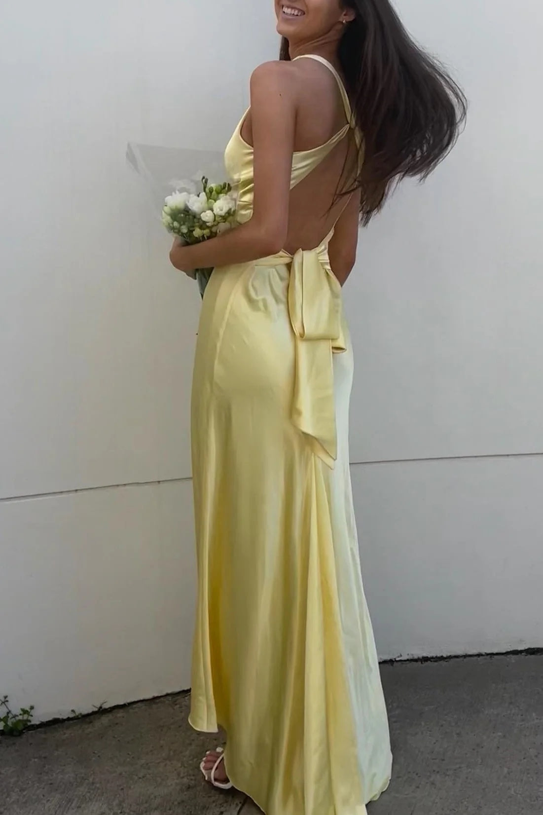 Chic Sheath Halter Neck Yellow Long Party Dress with Backless Bowknot - Fashionpara