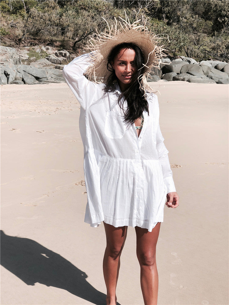 Dodie Cotton Pocketed Puff Sleeve Babydoll Dress - White - Fashionpara