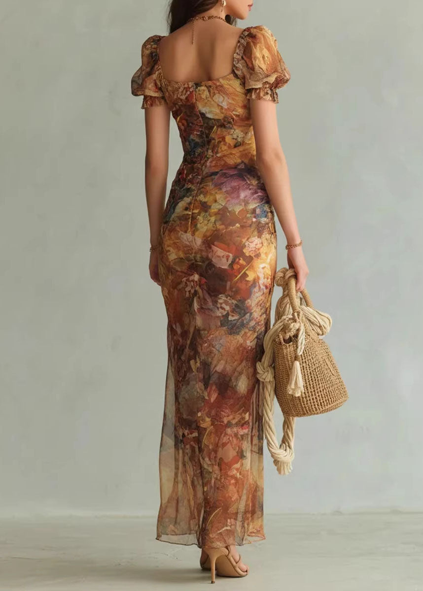 Square Neck Puff Sleeve Floral Print High Split Maxi Dress 2