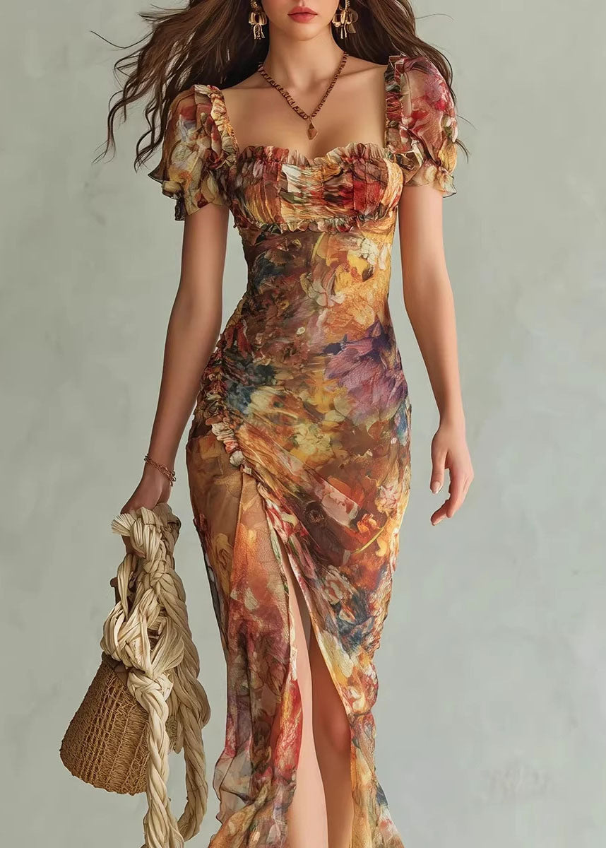 Square Neck Puff Sleeve Floral Print High Split Maxi Dress 4