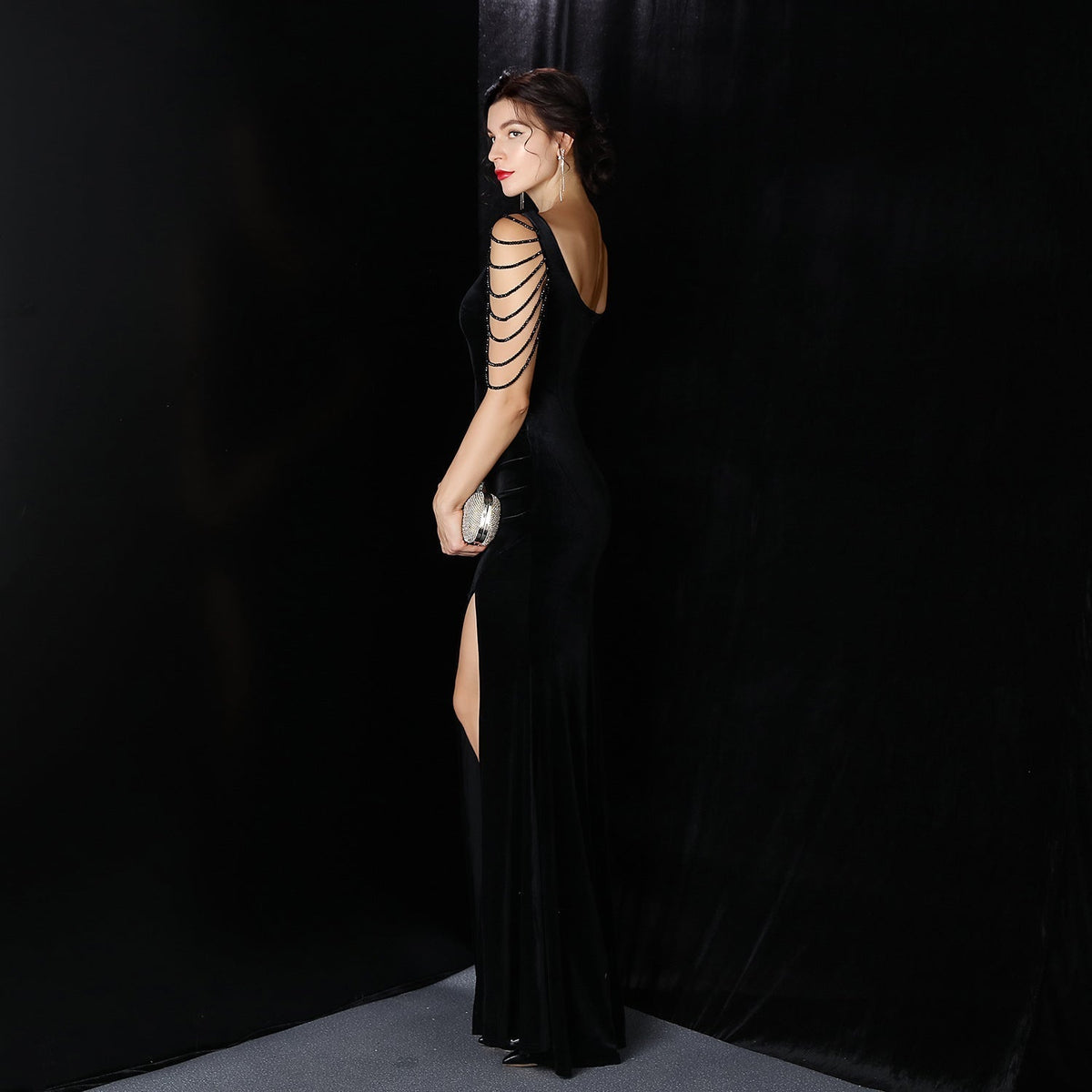 Velvet V-Neck Beaded Sleeve High Split Mermaid Gown 6