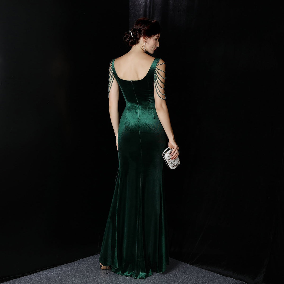 Velvet V-Neck Beaded Sleeve High Split Mermaid Gown 2