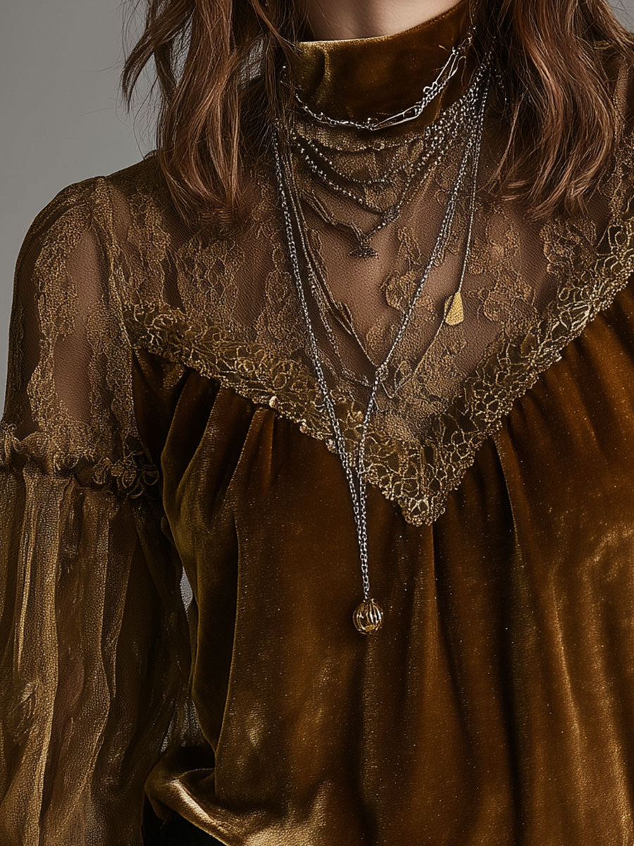 Retro Gold Velvet Lace Patchwork Balloon Sleeve Blouse - Fashionpara