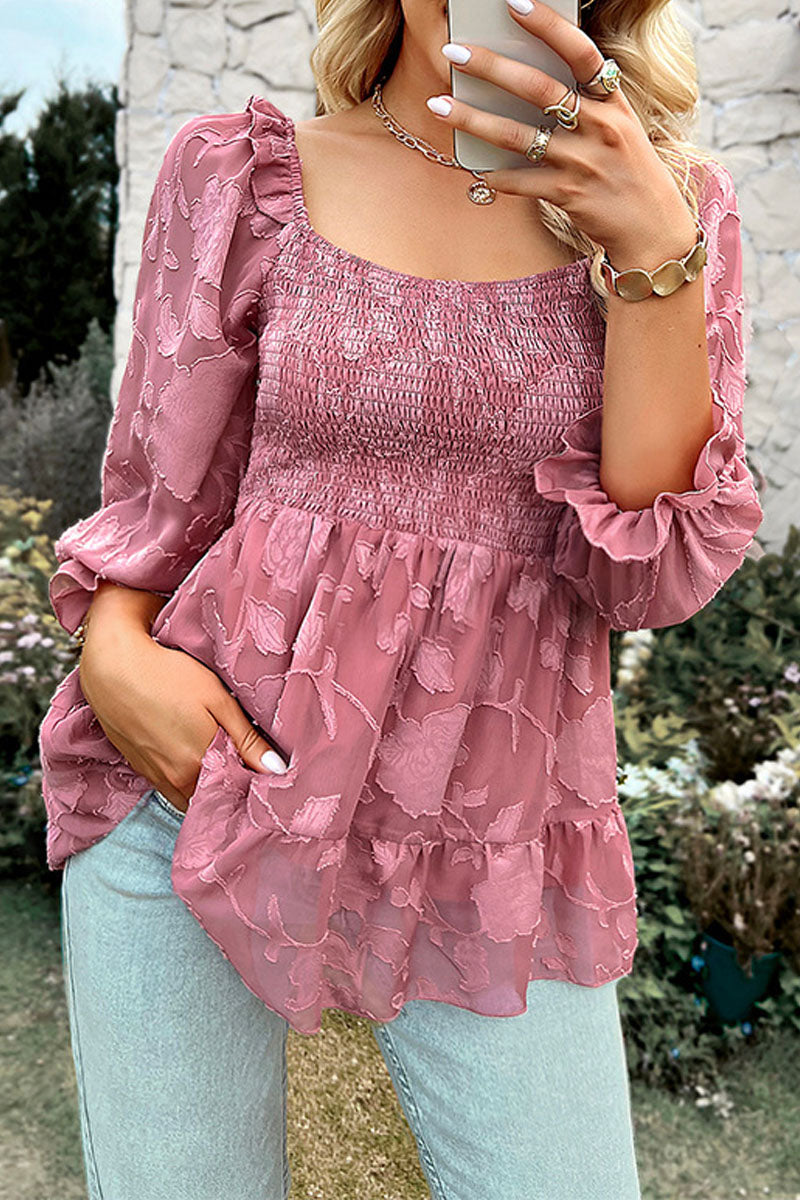 Smocked Square Neck Bubble Sleeve Chiffon Top - Fashionpara
