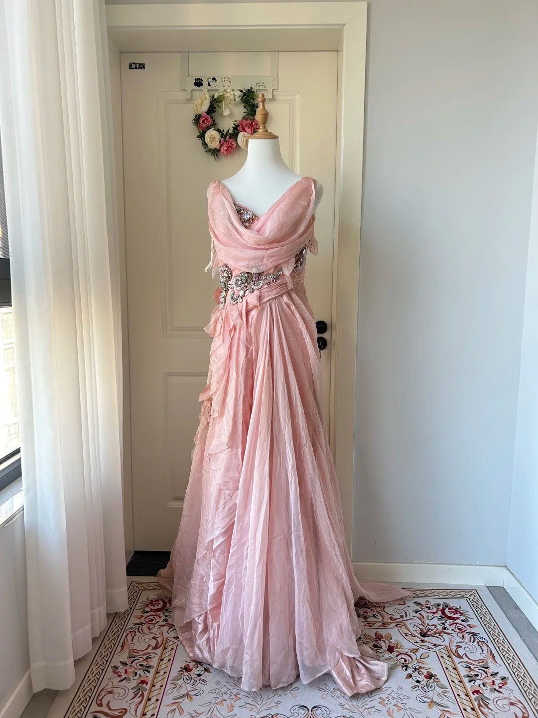 Vintage Pink A-line Rhinestone Beaded Chiffon Long Prom Dress Evening Dress P4203