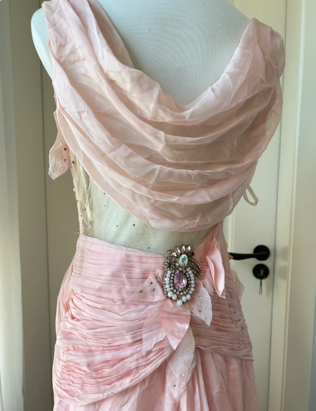 Vintage Pink A-line Rhinestone Beaded Chiffon Long Prom Dress Evening Dress P4203