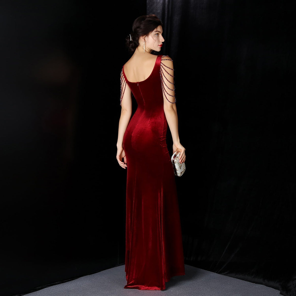 Velvet V-Neck Beaded Sleeve High Split Mermaid Gown 9