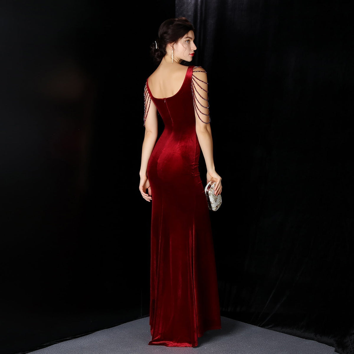 Velvet V-Neck Beaded Sleeve Slit Mermaid Gown
