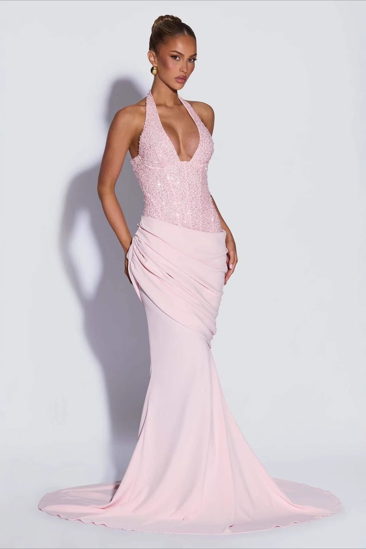 Sequin Bodice Halter Plunge Draped Mermaid Gown