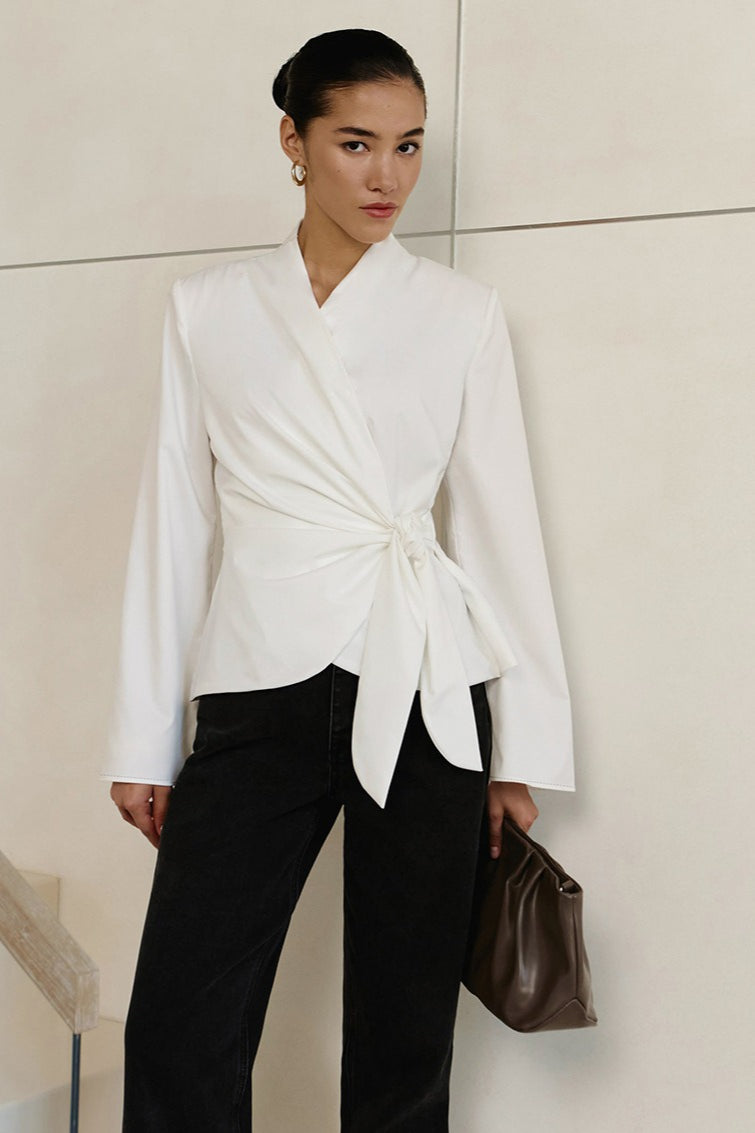 V Neck Asymmetric Tie Blouse