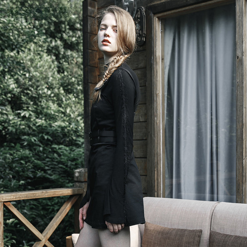 High Neck Long Sleeve Buckle Bodycon Mini Dress