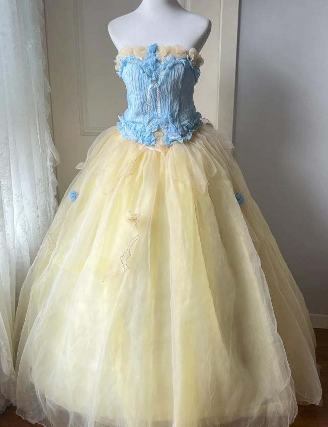 Dreamy Blue and Yellow Color-blocked Strapless Tulle Ball Gown Evening Dress Sweet 16th Dress P4204