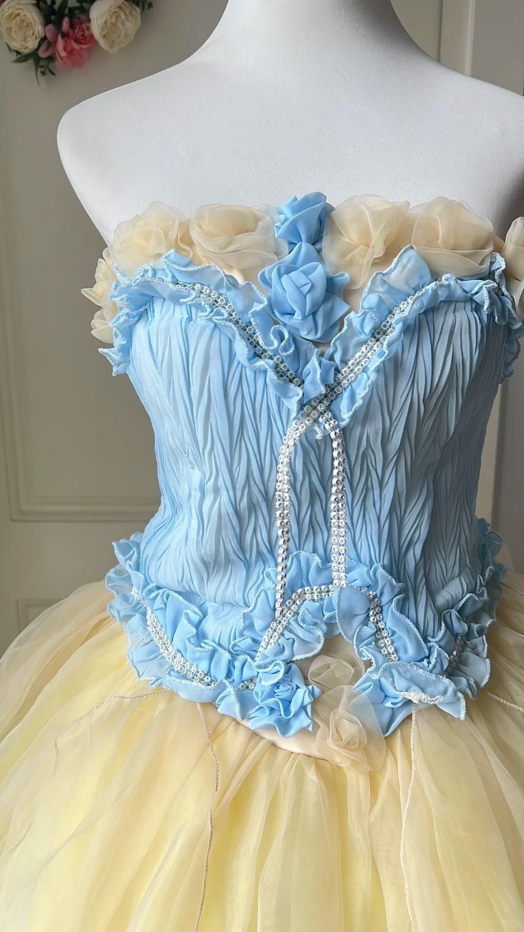 Dreamy Blue and Yellow Color-blocked Strapless Tulle Ball Gown Evening Dress Sweet 16th Dress P4204