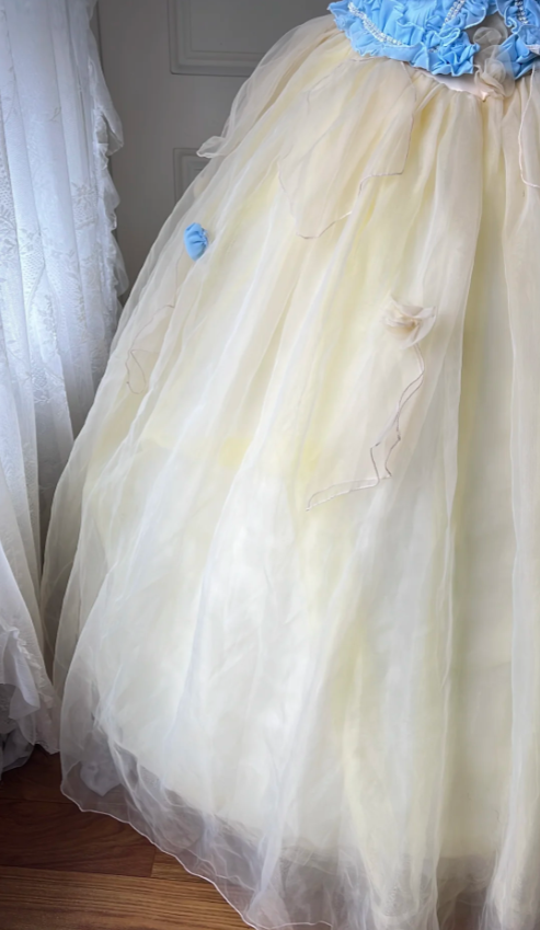 Dreamy Blue and Yellow Color-blocked Strapless Tulle Ball Gown Evening Dress Sweet 16th Dress P4204