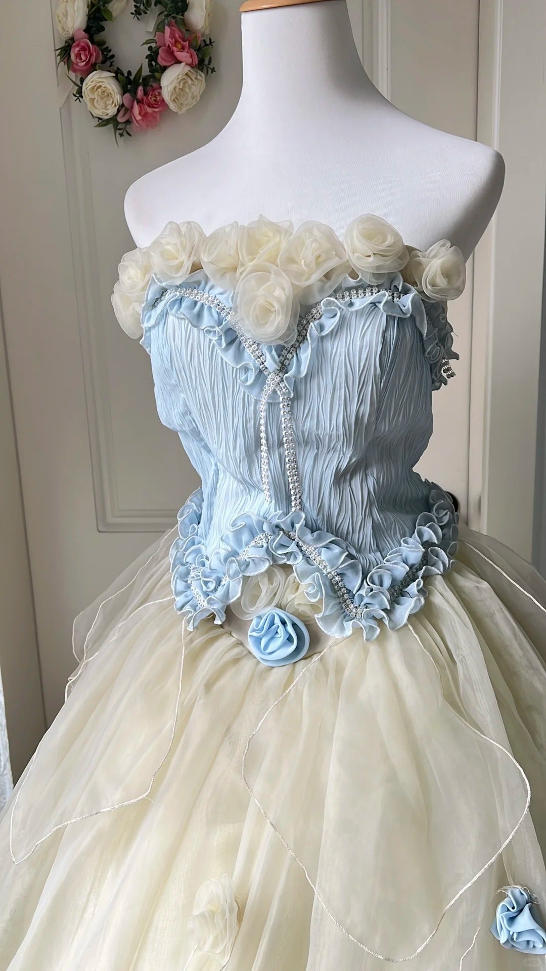 Dreamy Blue and Yellow Color-blocked Strapless Tulle Ball Gown Evening Dress Sweet 16th Dress P4204