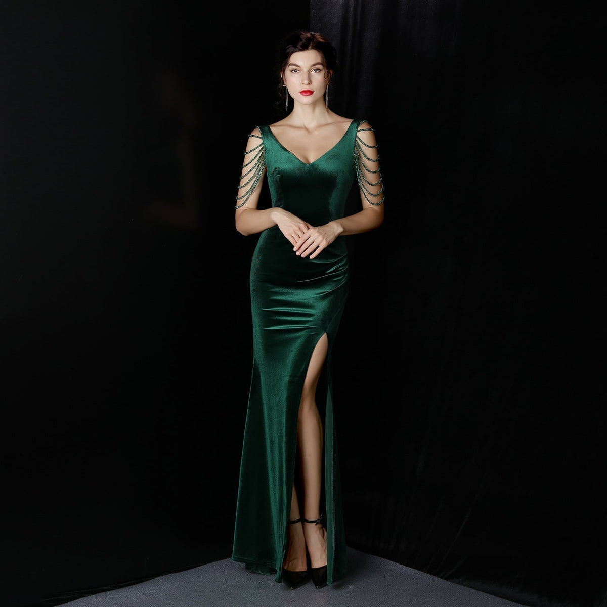 Velvet V-Neck Beaded Sleeve High Split Mermaid Gown