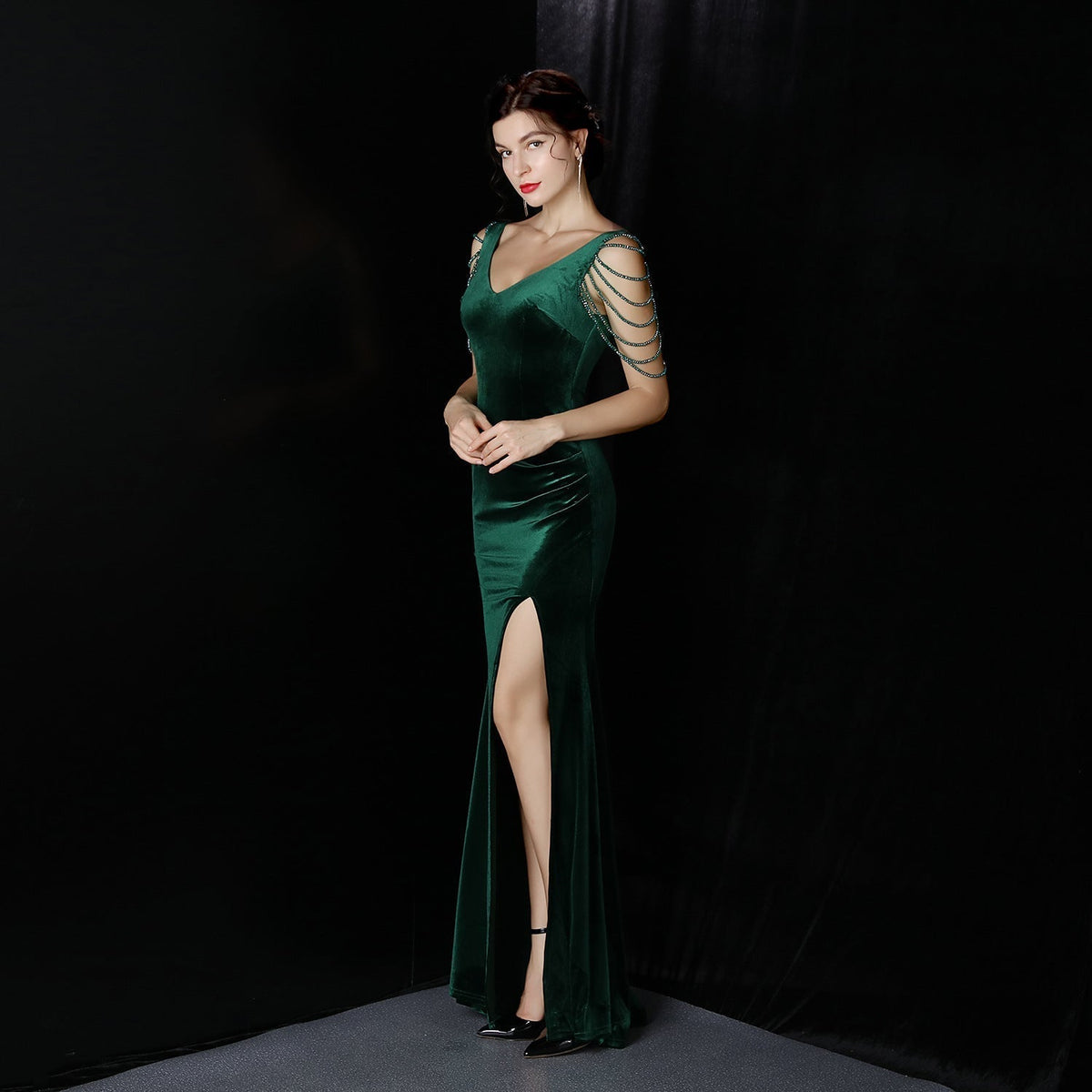 Velvet V-Neck Beaded Sleeve High Split Mermaid Gown 3