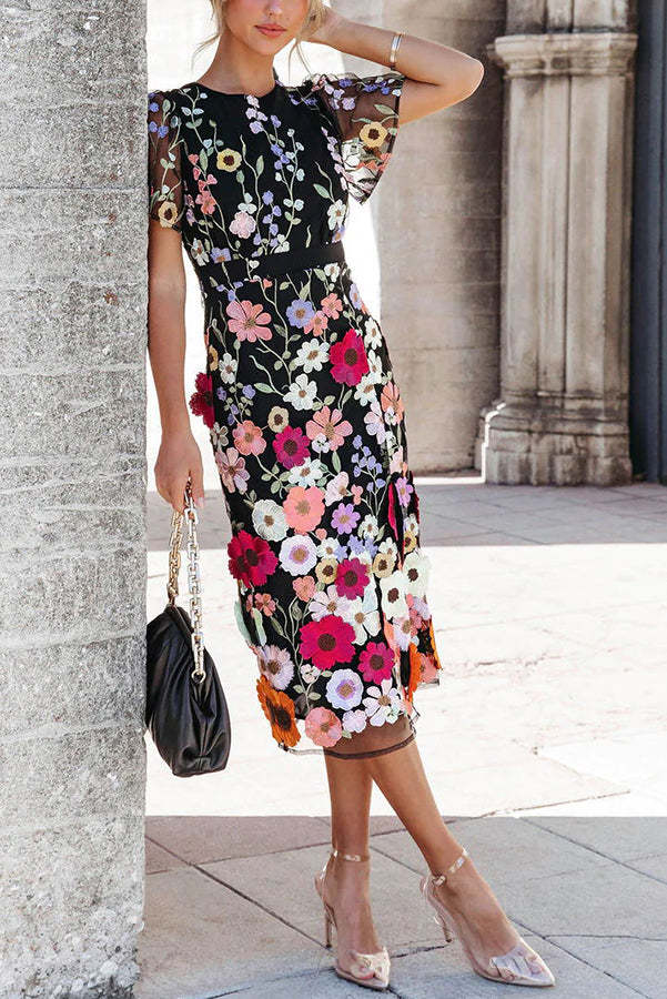 Floral Applique Slit Midi Dress  Fashionpara