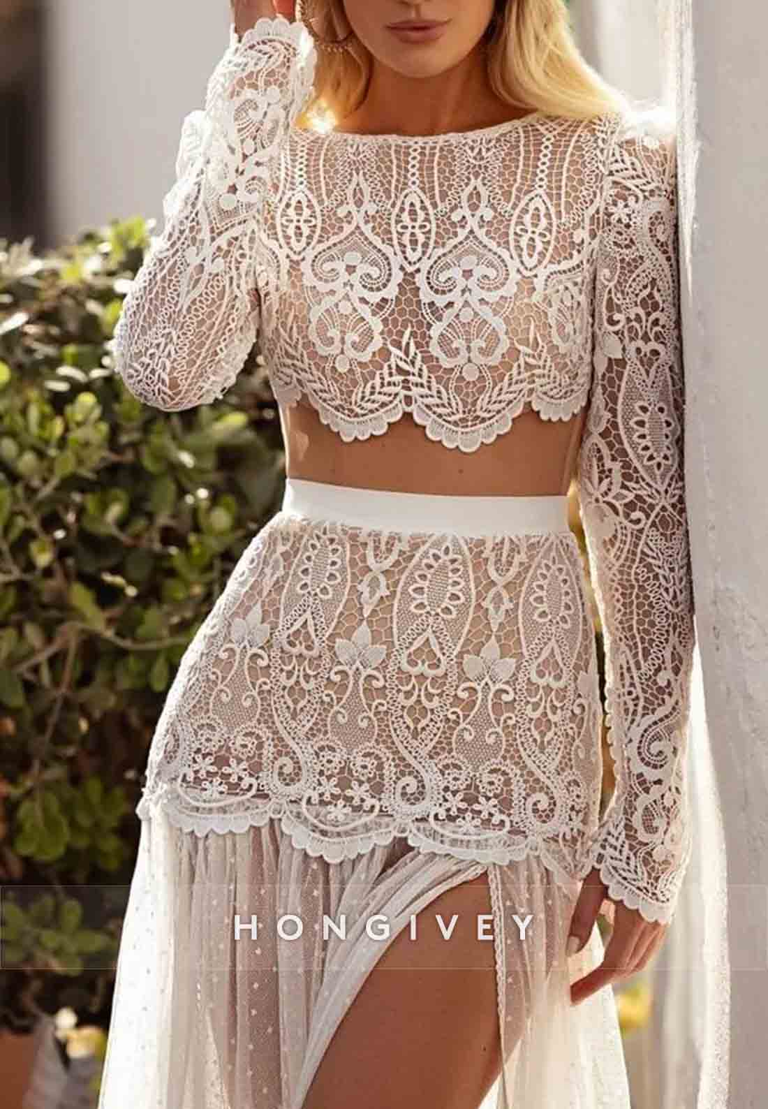 Lace High Slit Long Sleeves Floor-Length V Back Wedding Dress