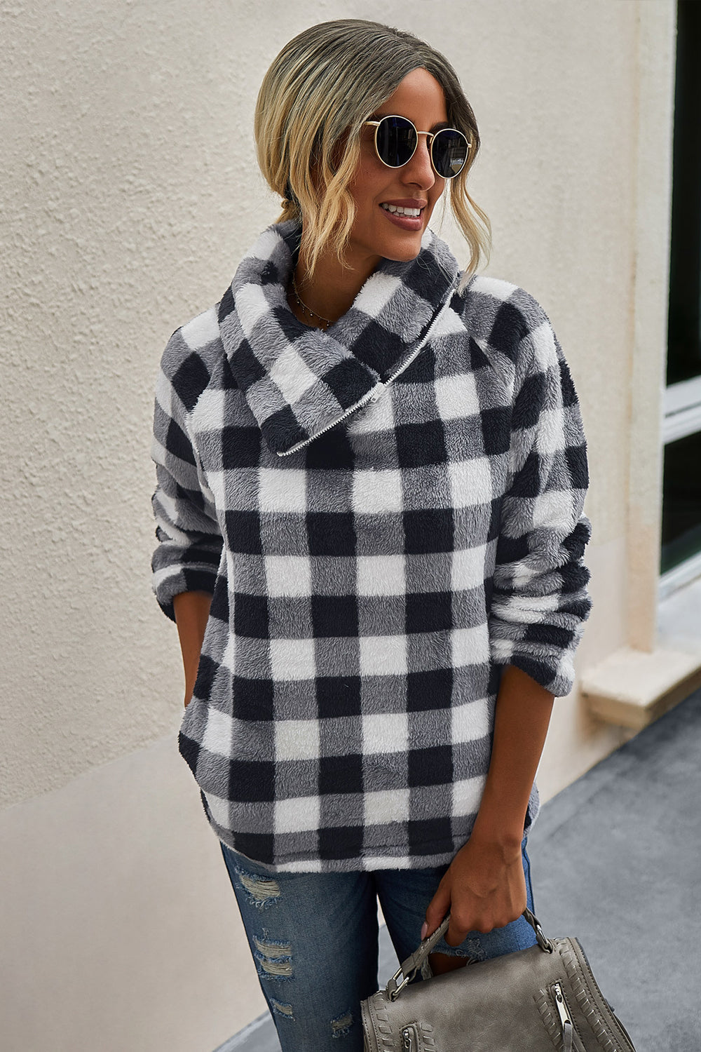 RadyRin Diagonal Plaid Zipper Sweater for Stylish Comfort