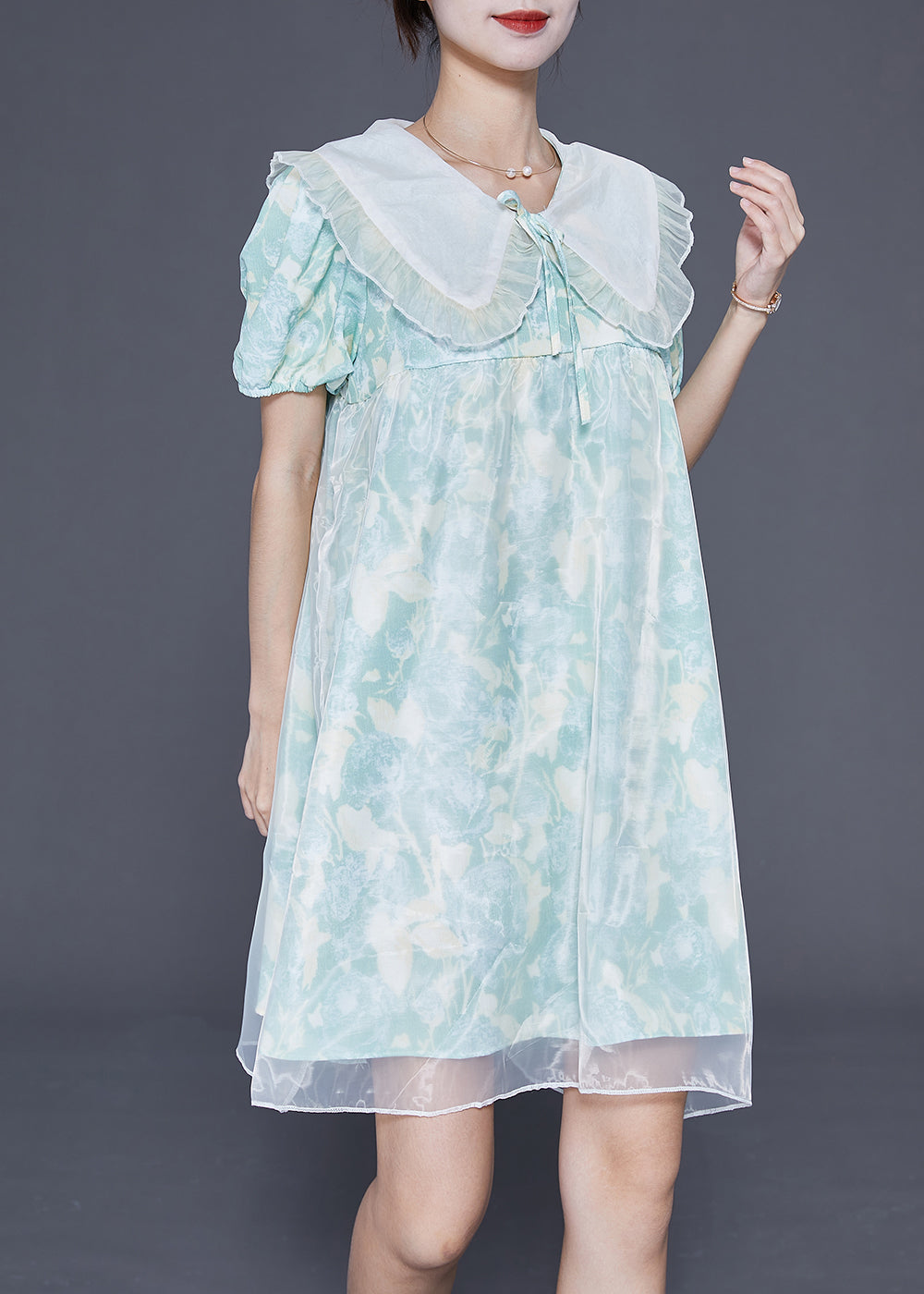 Floral Print Peter Pan Collar Puff Sleeve Sheer Mini Dress