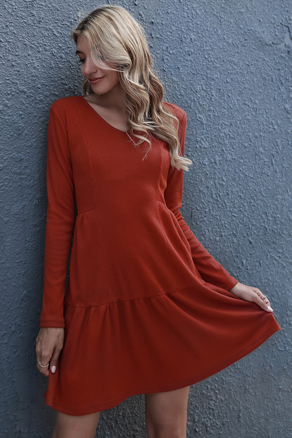 Loose V-neck Long Sleeve Dress