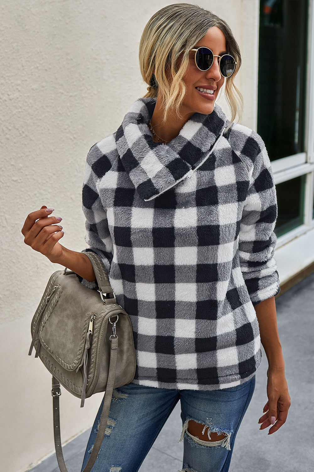 RadyRin Diagonal Plaid Zipper Sweater for Stylish Comfort