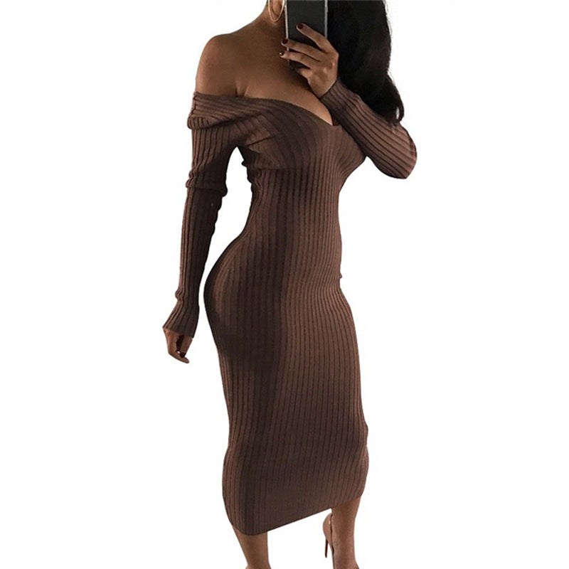 Ribbed Knit Off Shoulder Long Sleeve Bodycon Midi Dress