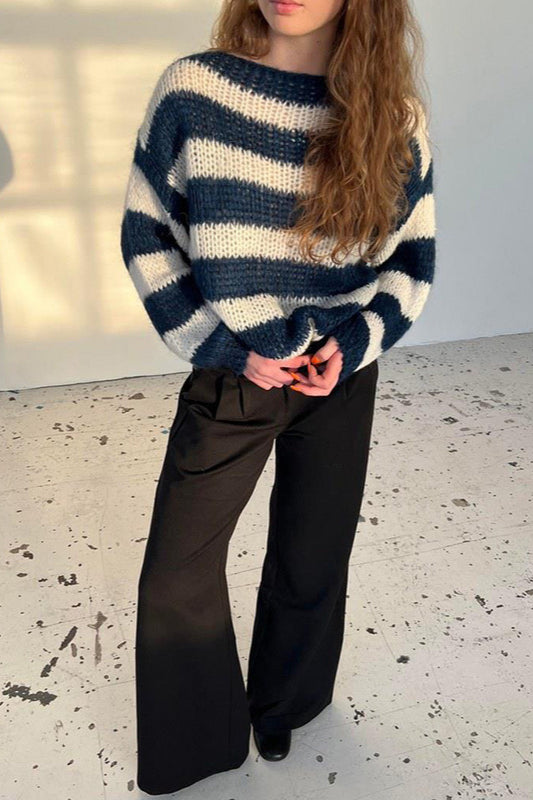 PrincessAce Striped Slouchy Crewneck Knit Sweater for Comfort