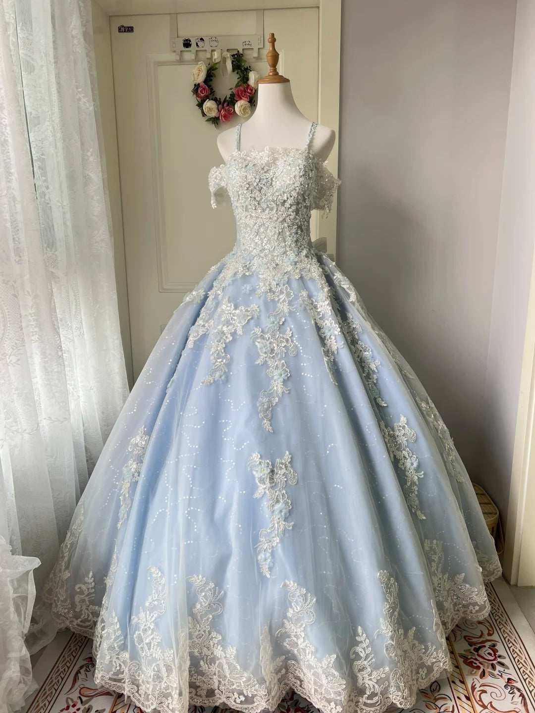 Princess Light Blue Lace Tulle Ball Gown Evening Dress Sweet 16th Dress P4208