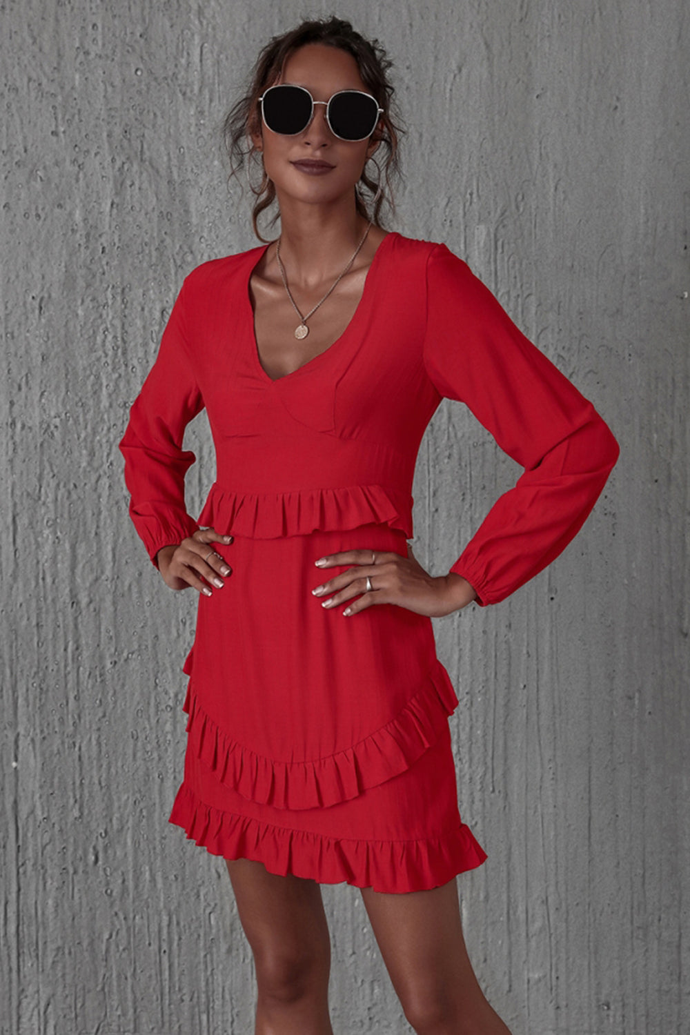 High Waist Ruffled Long Sleeve Dress - Fashionpara