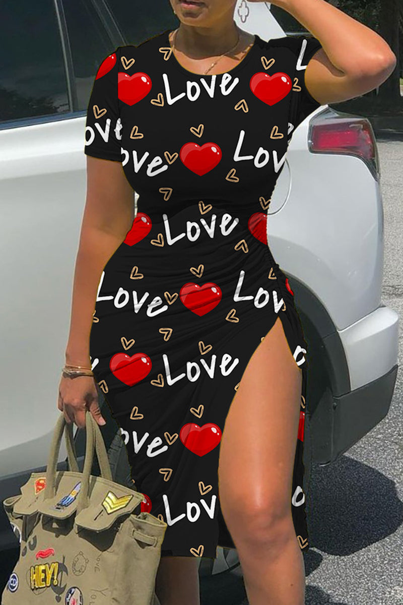 Fashion Casual Print Draw String Frenulum Slit O Neck Short Sleeve Dress Fashionpara