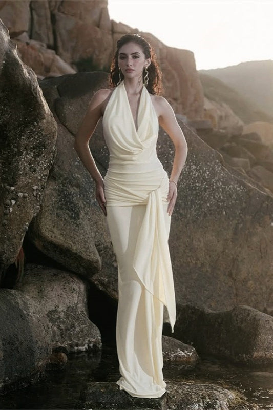 Draped Neckline Low-Back Maxi Party Dress