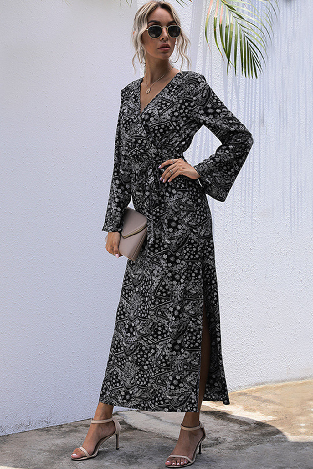 Printed Slim Slit Long Sleeve Dress