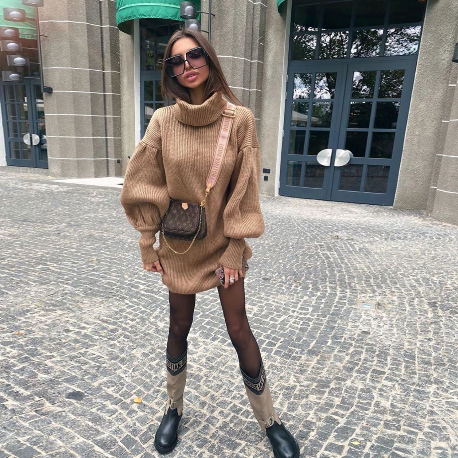 ShoptheCIC Lantern Sleeve Turtleneck Knit Sweater Dress